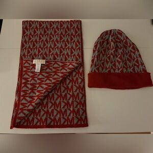Michael Kors Red and Gray MK Logo Scarf and Beanie Set